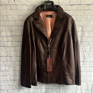 Italian Brown Leather Zip Up Jacket Made by  CURGÈ Woman size 2XL EU 58 NWT W5‎